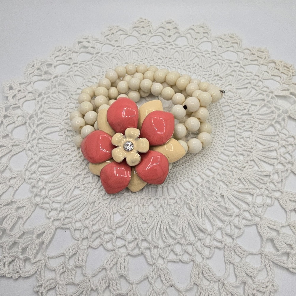 Enameled Floral Faux Pearl Stretch Bracelet Four Strand Cream Coral Size 6